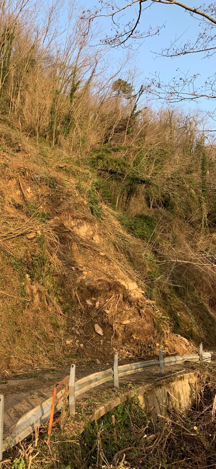 Il versante franato sulla sede stradale, con il guardrail travolto.